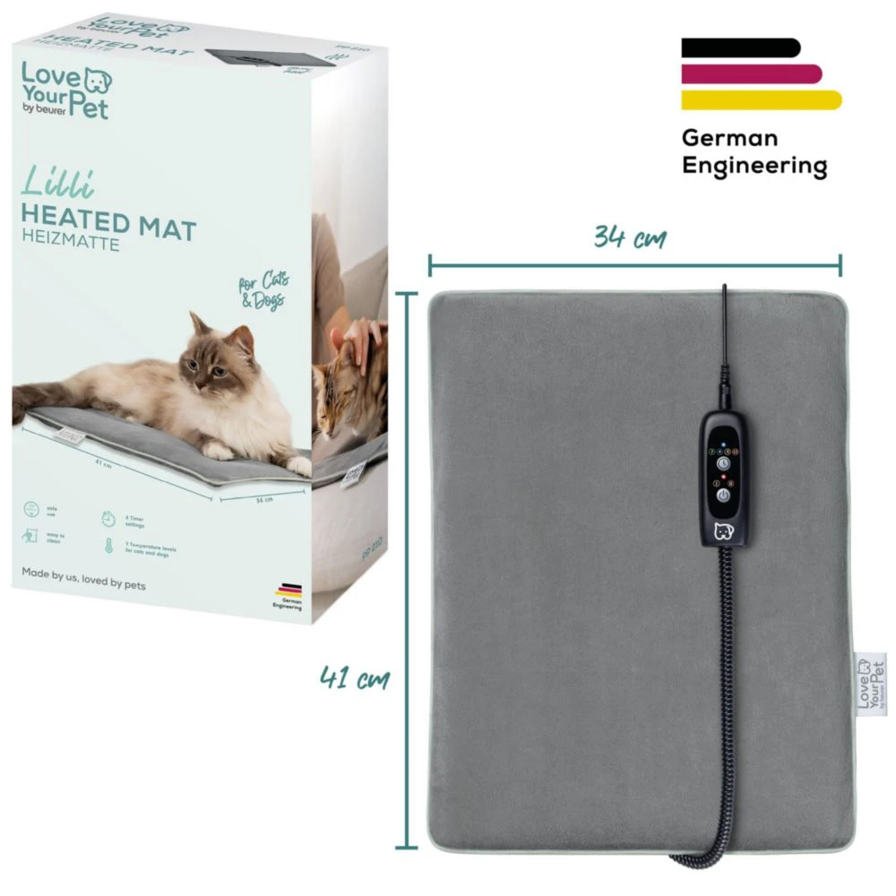Tapis chauffant gris pour animaux avec commande par câble, 34x41 cm.