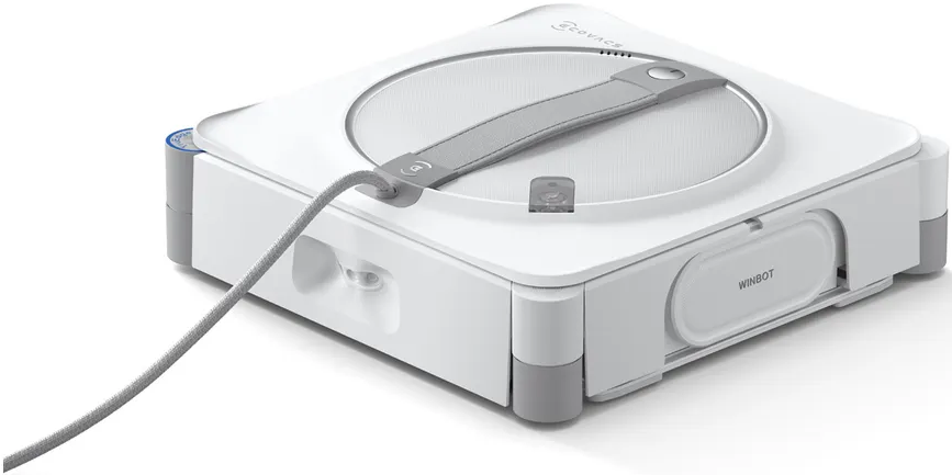 Un pulitore robot per finestre bianco con cavo grigio e maniglia.