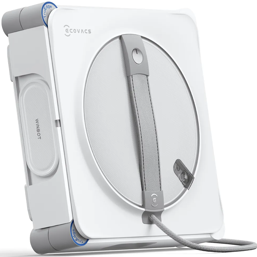 Un robot lavavetri Ecovacs Winbot bianco con manico grigio.