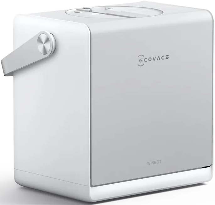 Un robot bianco e rettangolare con manico argentato e logo ECOVACS.
