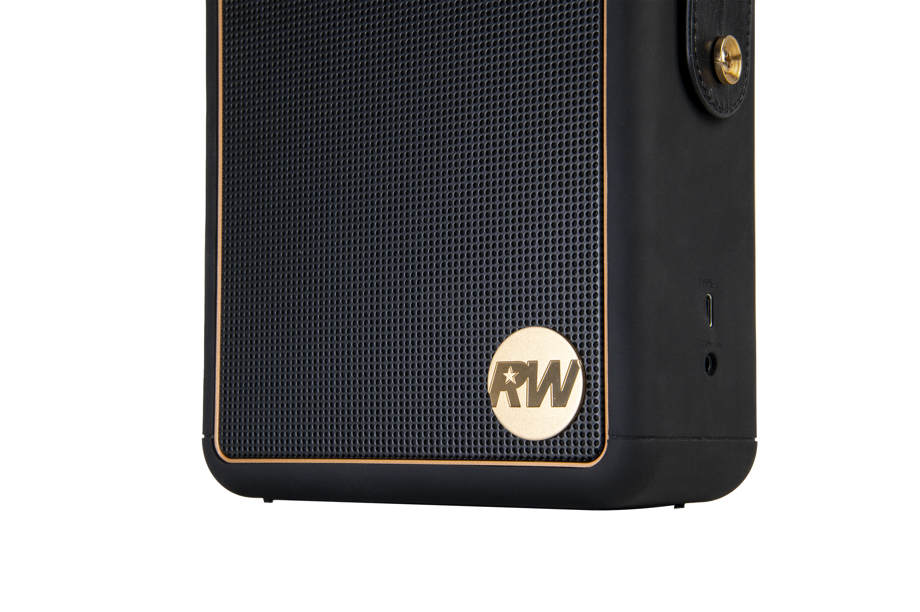 Czarny głośnik ze złotym logo i portami.