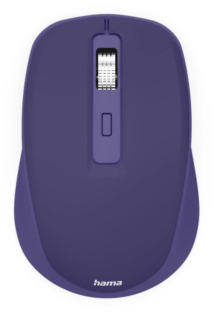 Eine lila Computermaus mit einem Scrollrad und einem Knopf.