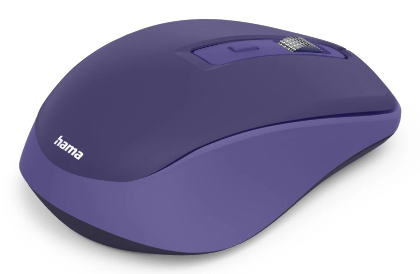 Eine violette kabellose Maus mit einem silbernen Scrollrad.