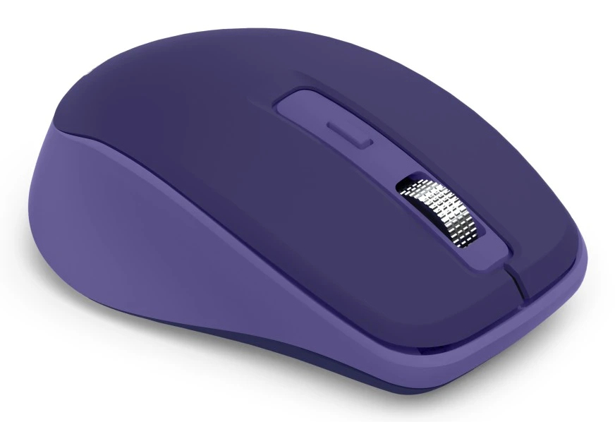 Eine lila Computermaus mit einem Scrollrad und zwei Tasten auf weißem Hintergrund.