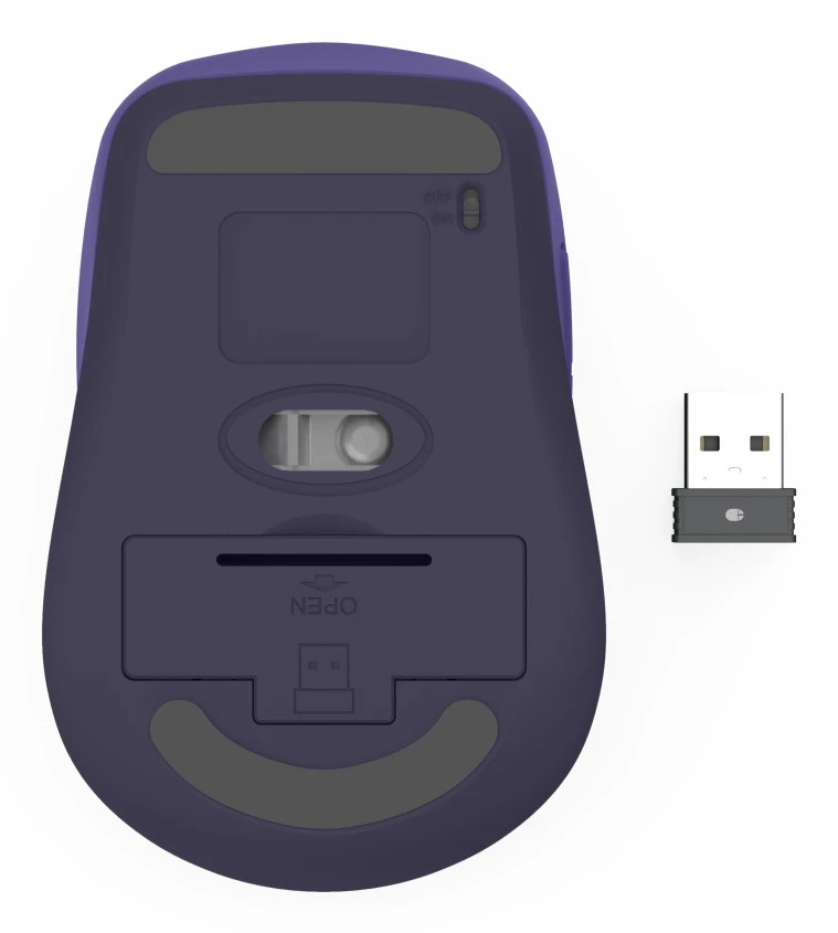 Die Unterseite einer lila Computermaus mit einem USB-Dongle daneben.