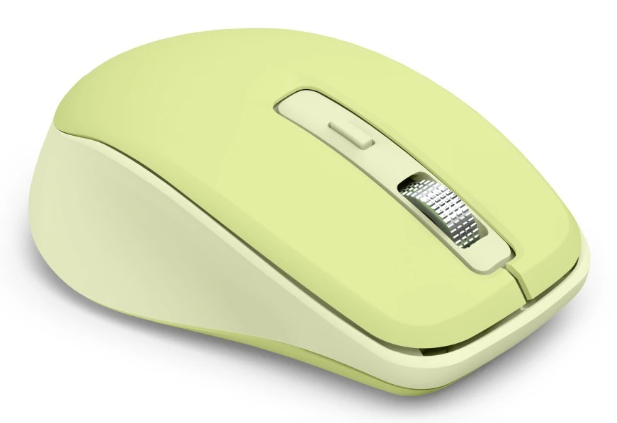 Eine hellgrüne Computermouse mit einem silbernen Scrollrad und einem Button.