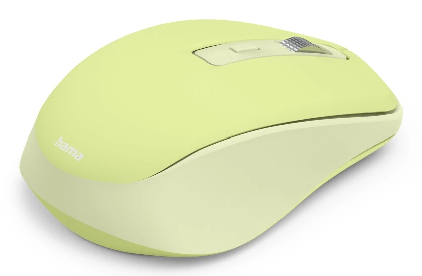 Eine hellgrüne kabellose Computermaus mit einem Scrollrad und dem Hama-Logo.
