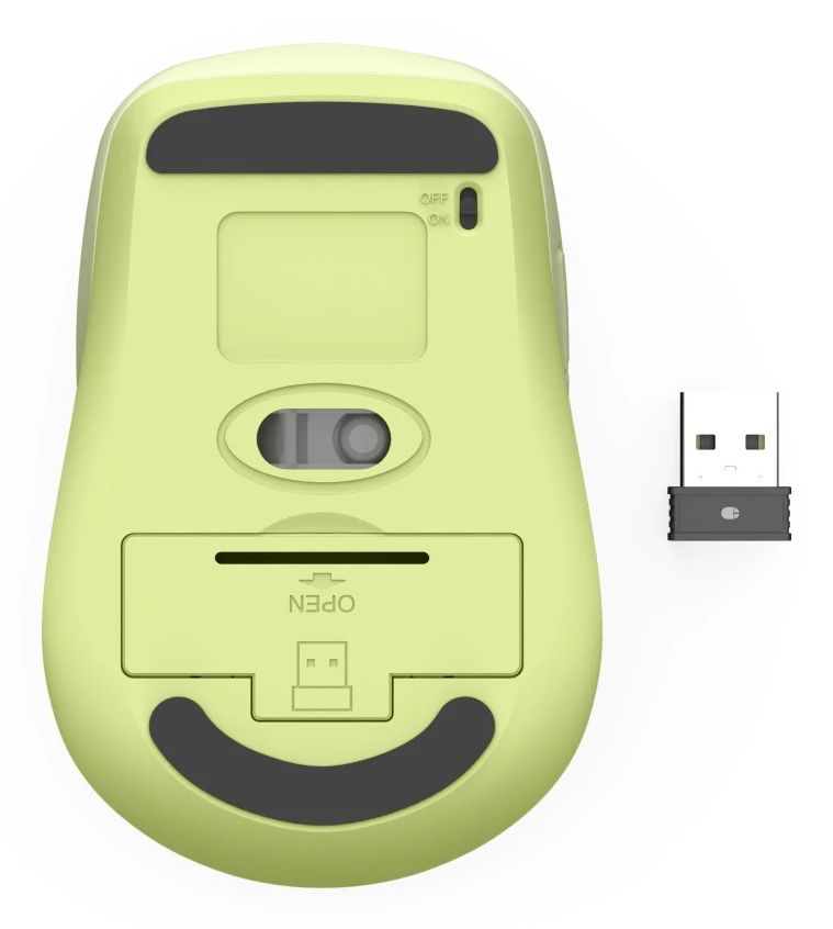 Unterseite einer hellgrünen Maus mit USB-Dongle. Oberflächenschalter und Batteriefach.