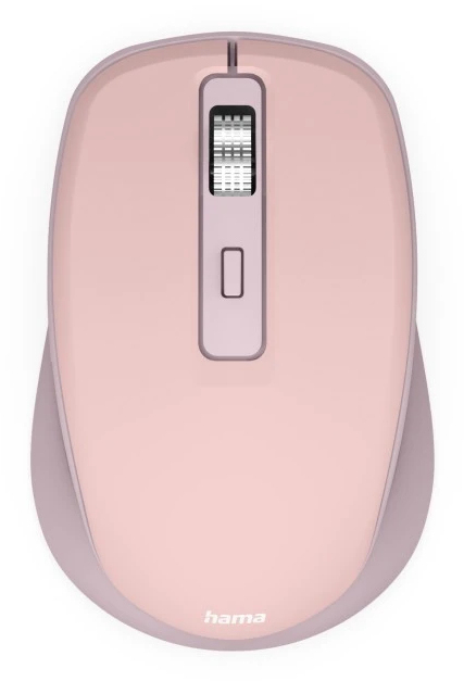 Eine rosafarbene Computermaus mit Scrollrad und zwei Tasten.