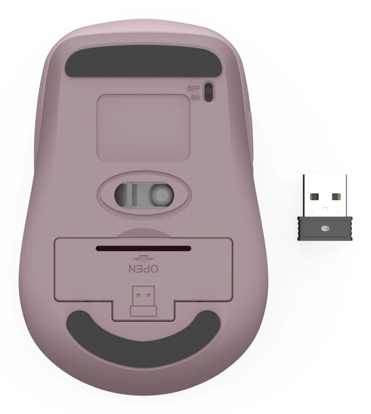 Unterseite einer maus mit einem USB-Dongle daneben.