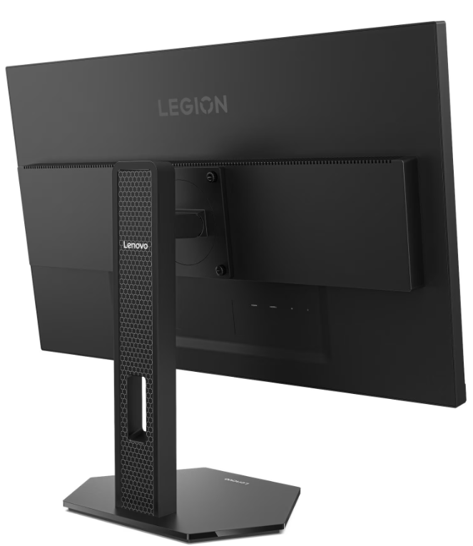 Rückansicht eines schwarzen Lenovo Legion Monitors mit sechseckiger Basis.