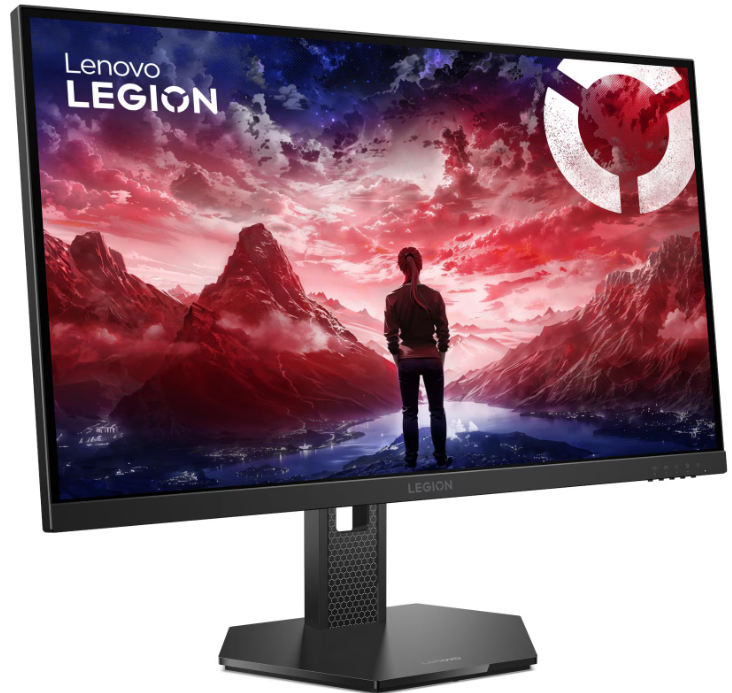 Ein Lenovo Legion Monitor zeigt eine Landschaft mit einer Person, die auf Berge blickt.