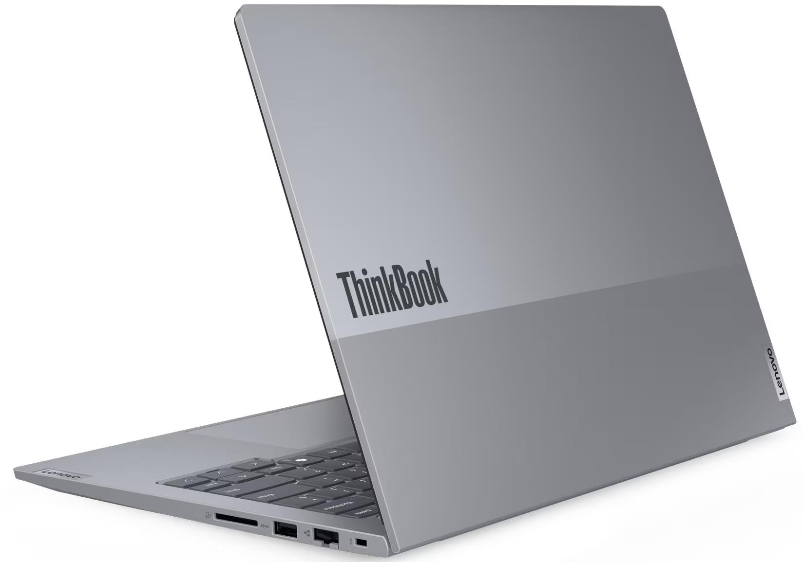 Ezüst Lenovo ThinkBook laptop ferde oldalnézetben.