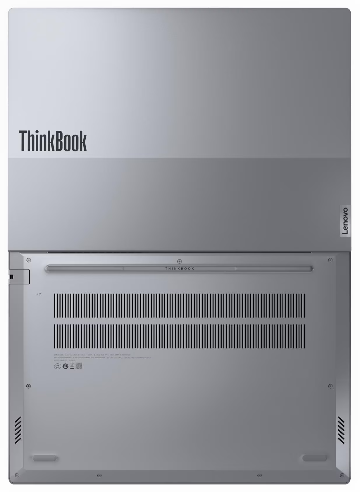 Ezüst laptop alsó része szellőzőnyílásokkal és "ThinkBook" logóval.