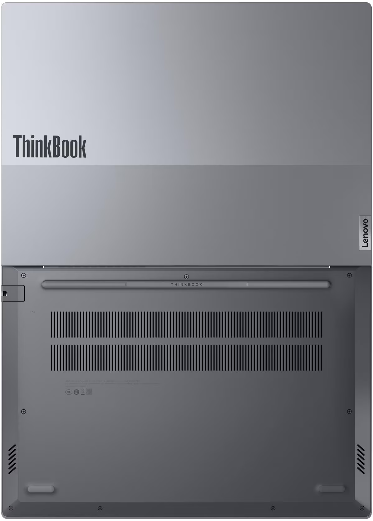 Szürke laptop hátulja szellőzőkkel és "ThinkBook" logóval.