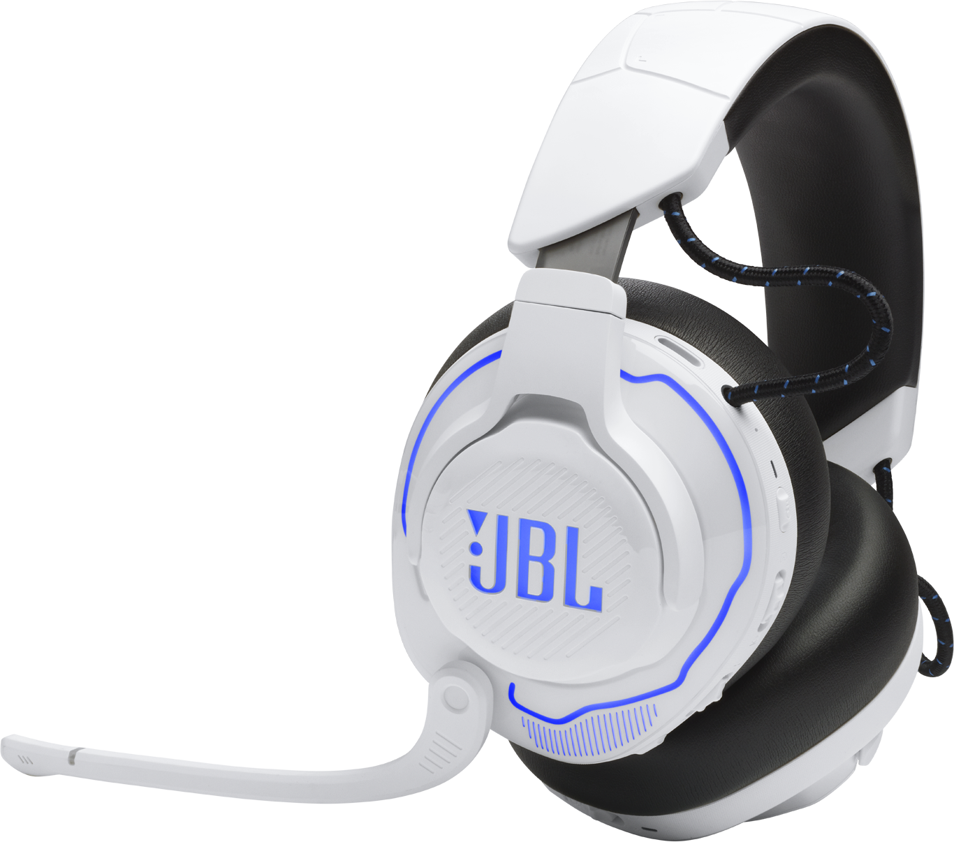 Fehér fejhallgató kék világító JBL logóval és mikrofonnal.