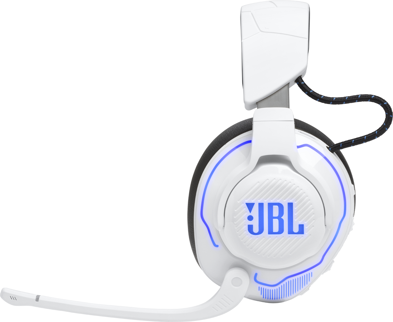 Fehér JBL fejhallgató kék fényekkel és mikrofonnal.