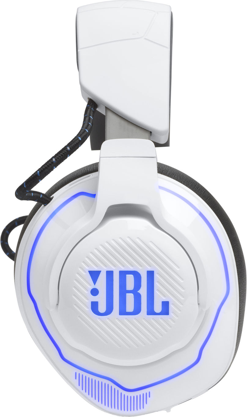 Fehér JBL fejhallgató kék világítással és fekete kábellel.