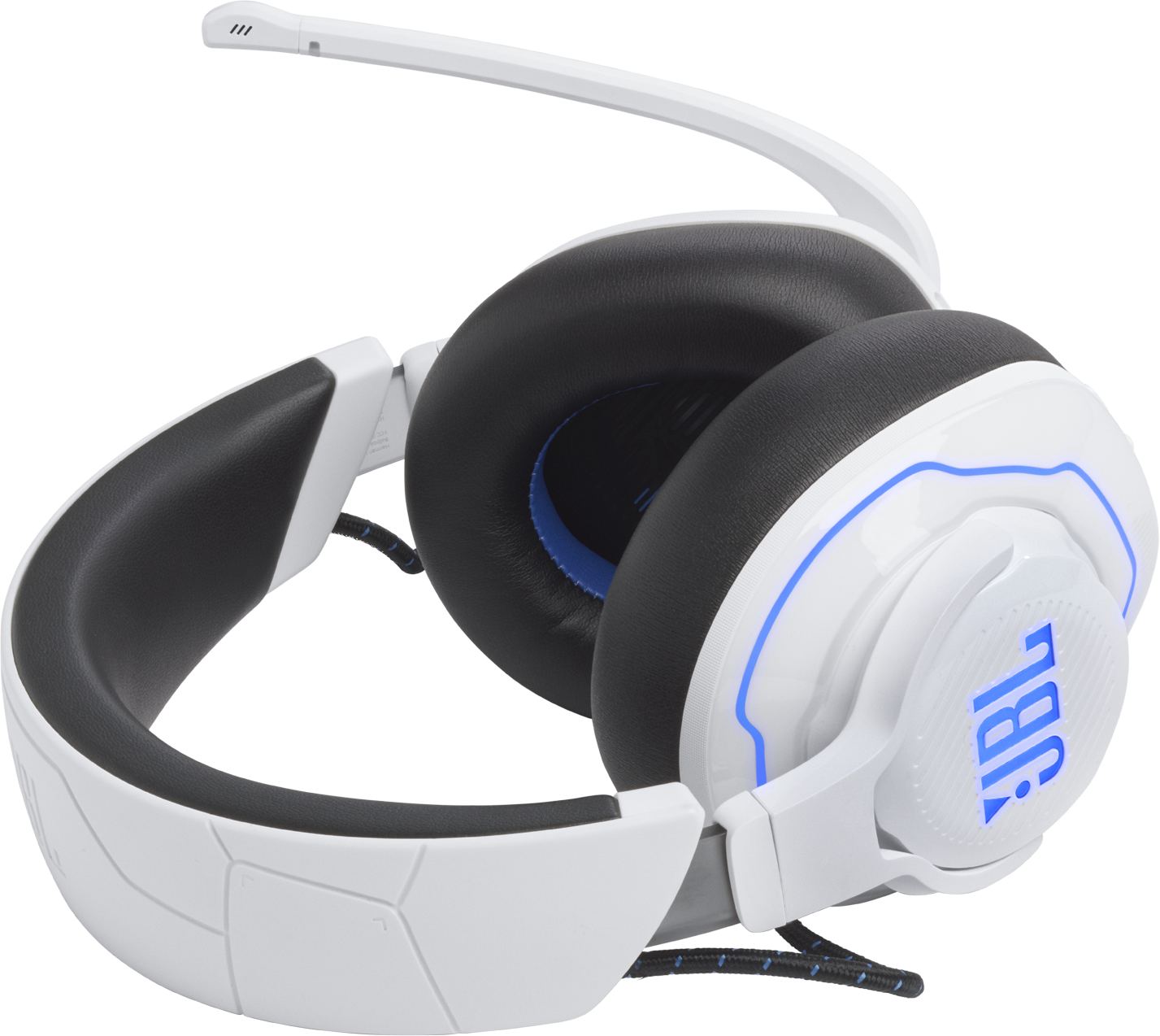 Fehér JBL gamer fejhallgató kék díszítéssel és hajlékony mikrofonnal.