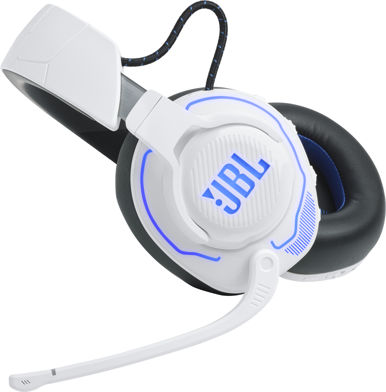 Fehér gamer fejhallgató kék JBL logóval és kék világítással.