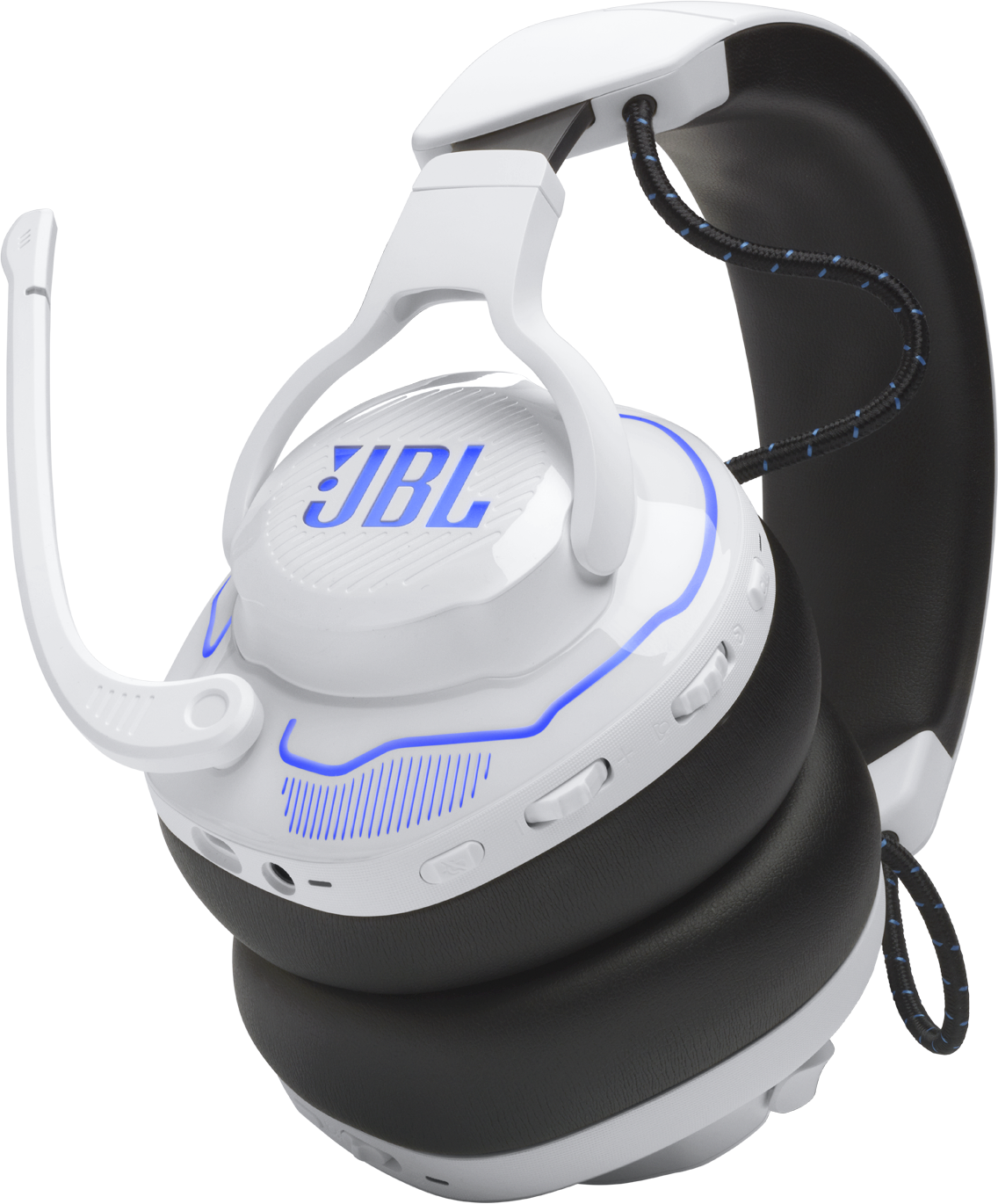 Fehér JBL fejhallgató kék világítással és mikrofonnal.
