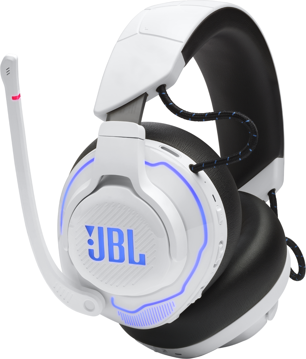 Fehér gamer fejhallgató kék JBL logóval és kék díszvilágítással.