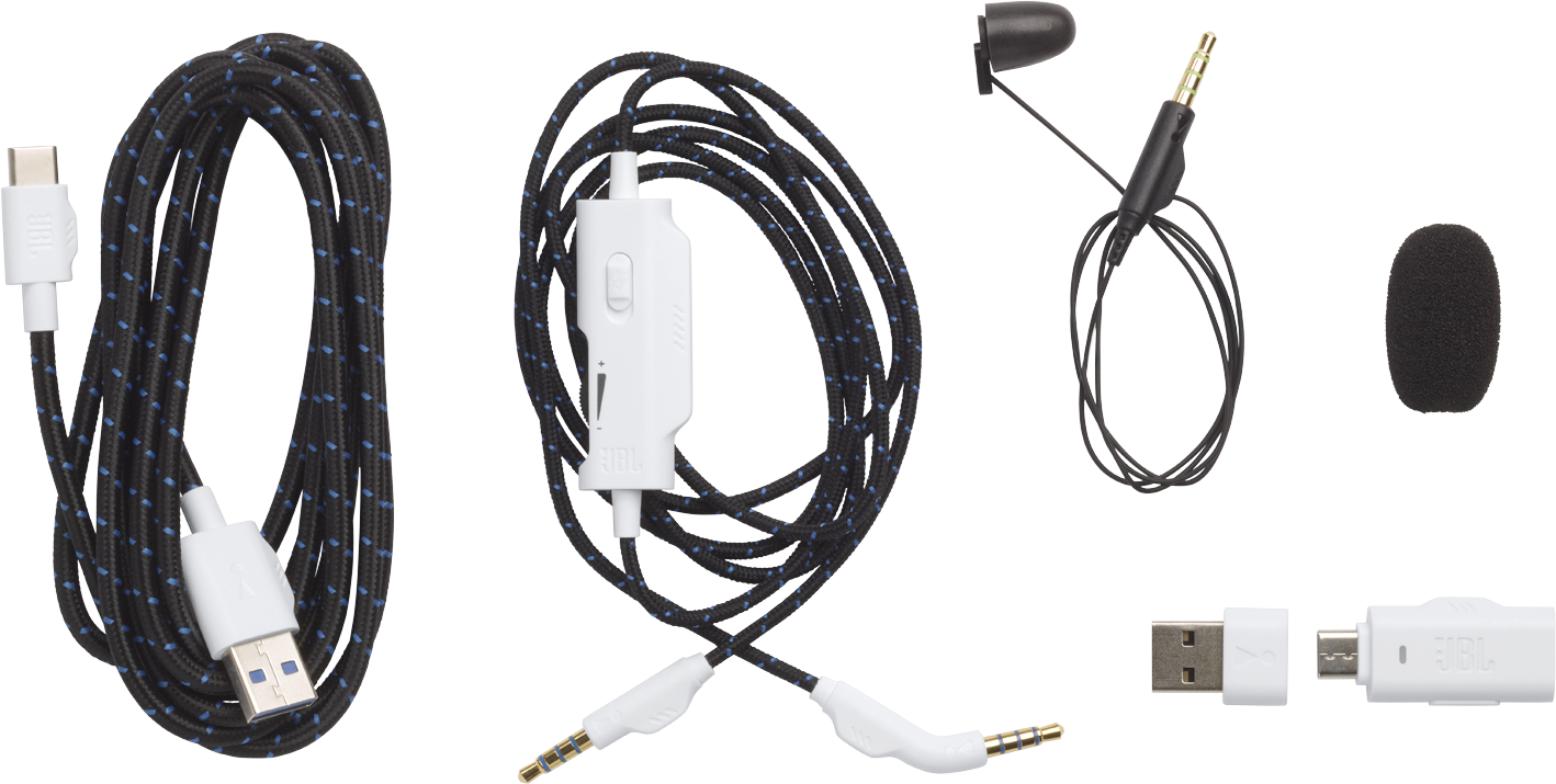 Fekete kábel kék pöttyökkel, USB-A, USB-C és 3,5 mm-es jack.