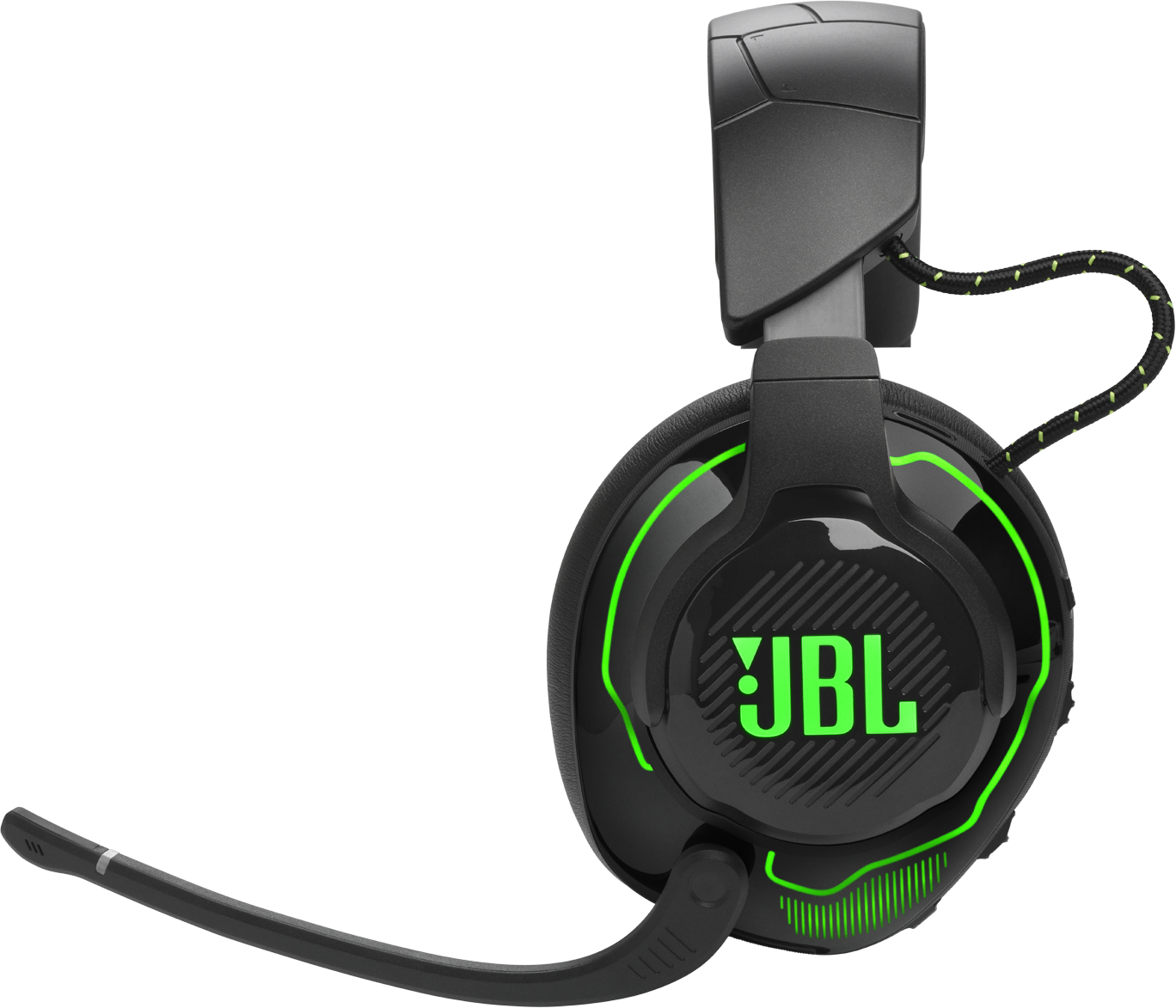 Fekete JBL fejhallgató mikrofonnal és zöld díszítéssel.
