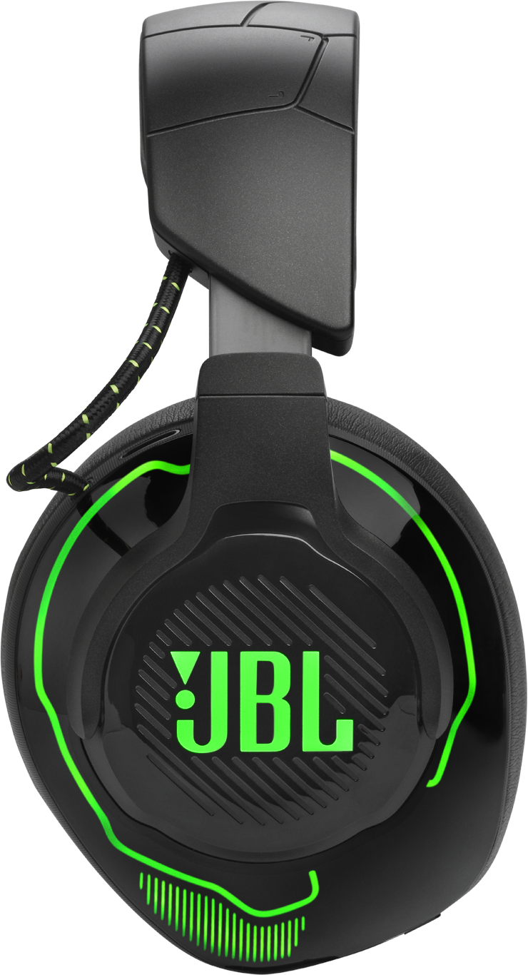 Fekete fejhallgató zöld JBL logóvilágítással és fonott kábellel.