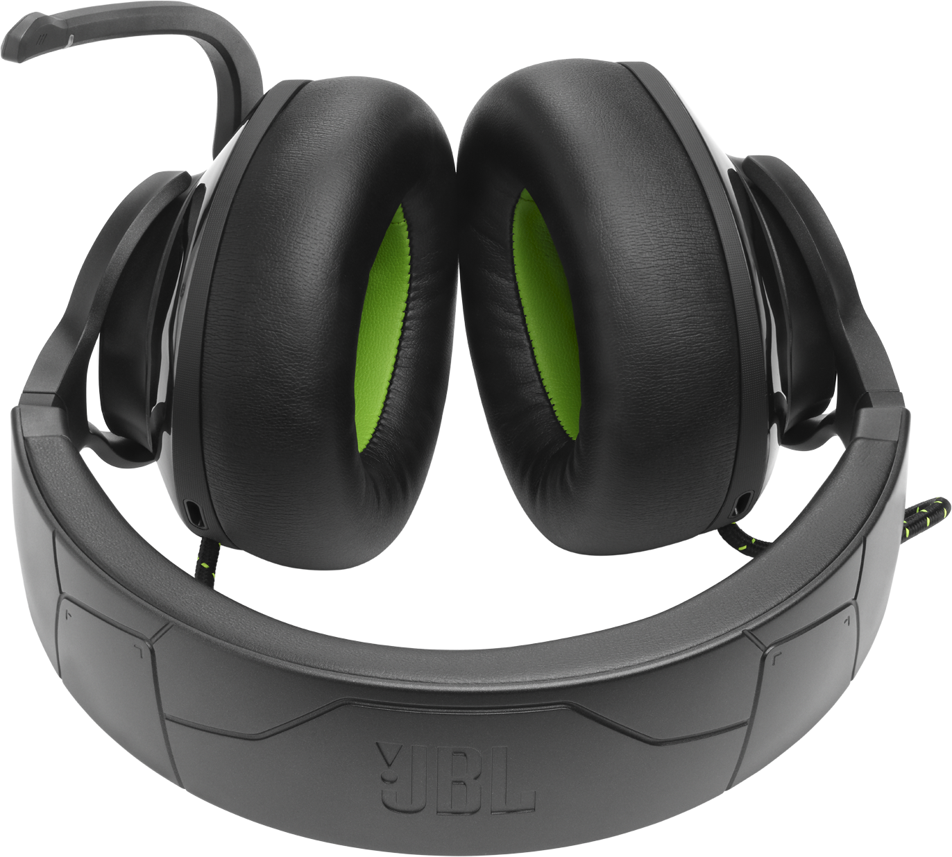 Fekete fejhallgató zöld díszítéssel és mikrofonnal, JBL logó.