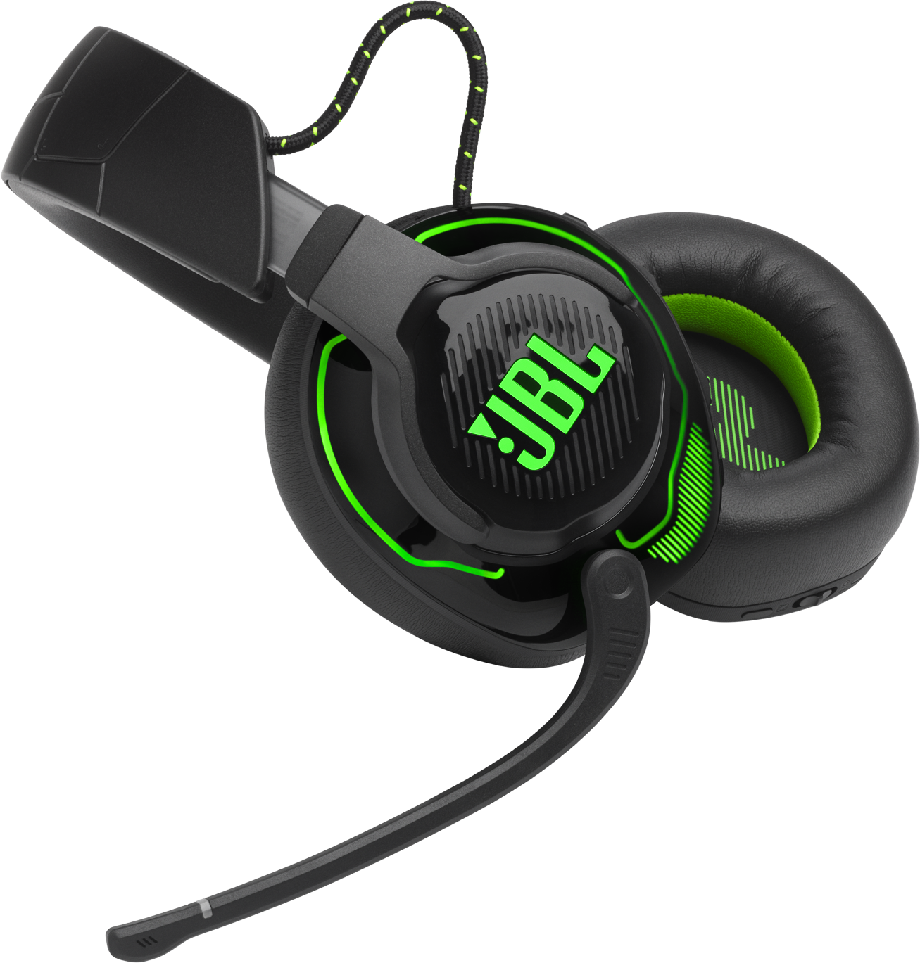 Fekete fejhallgató zöld díszítéssel és JBL logóval.