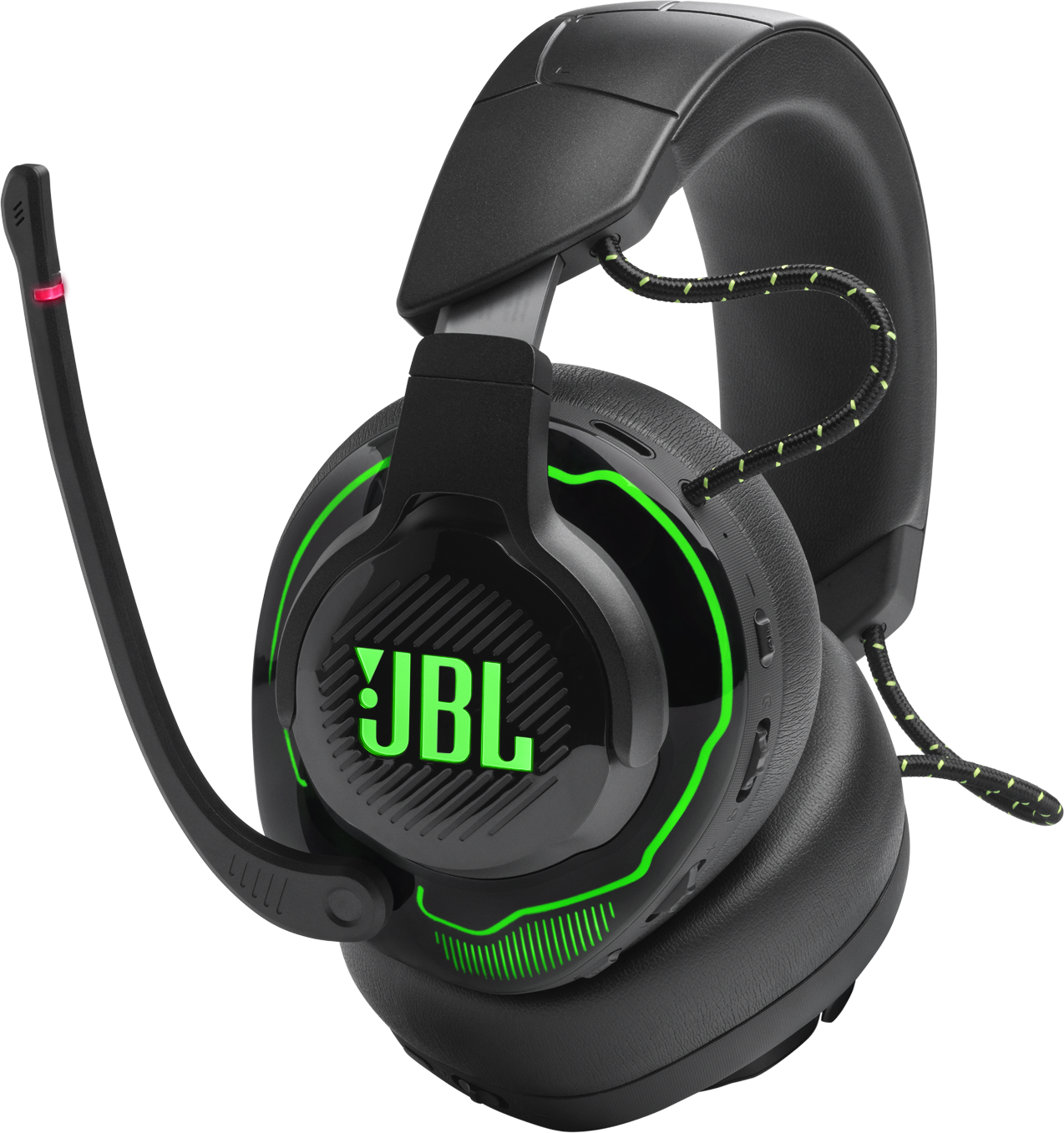 Fekete JBL logós fejhallgató zöld díszítéssel, mikrofonnal.