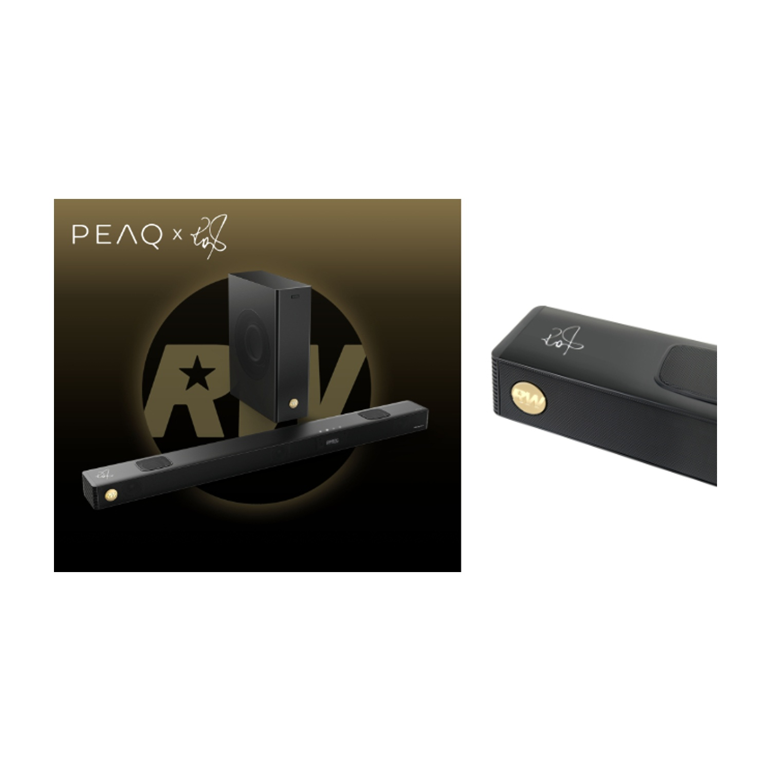 Soundbar e subwoofer neri con accenti e loghi dorati.