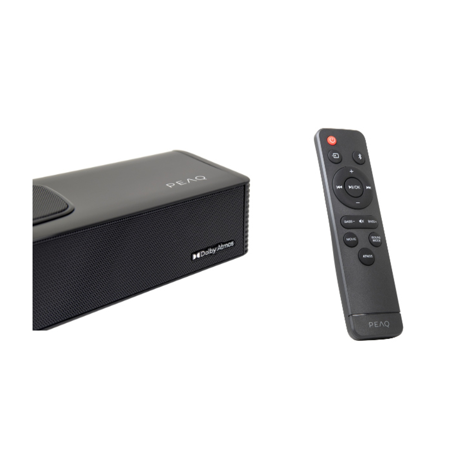 Altoparlante nero e telecomando con logo Dolby Atmos.