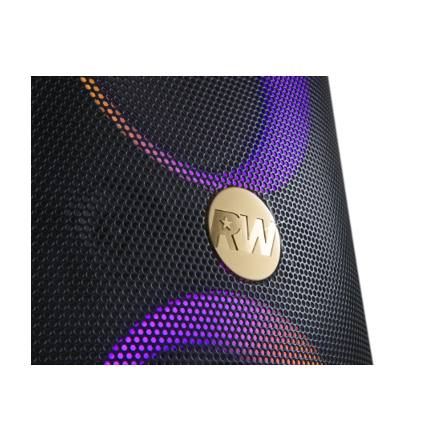 Altoparlante nero con logo dorato e luci viola/arancioni.