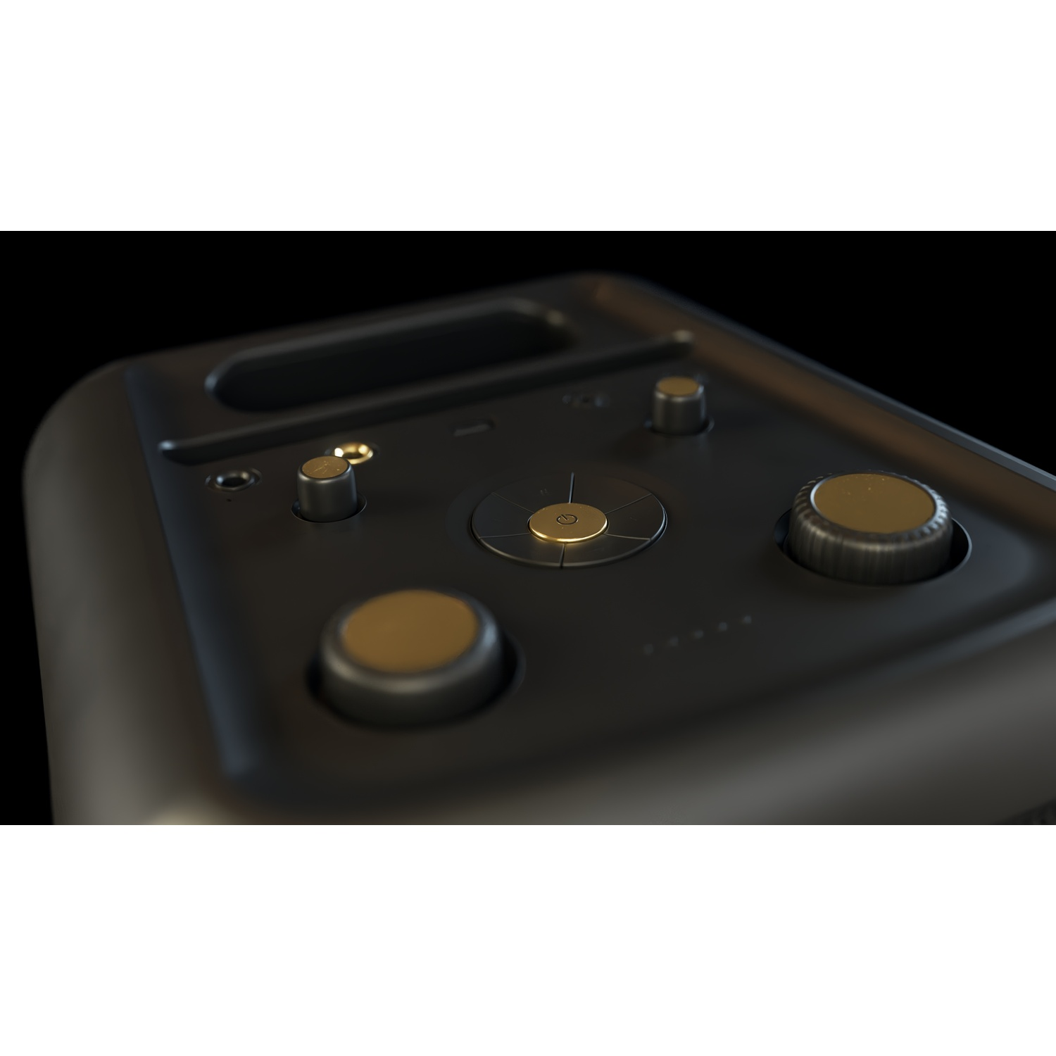 Primo piano di un dispositivo nero con manopole e controlli dorati.