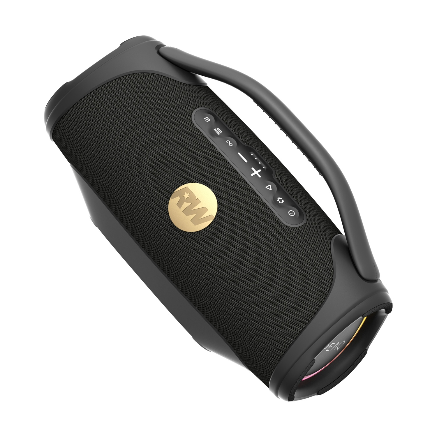 Altoparlante portatile nero con manico e logo dorato.