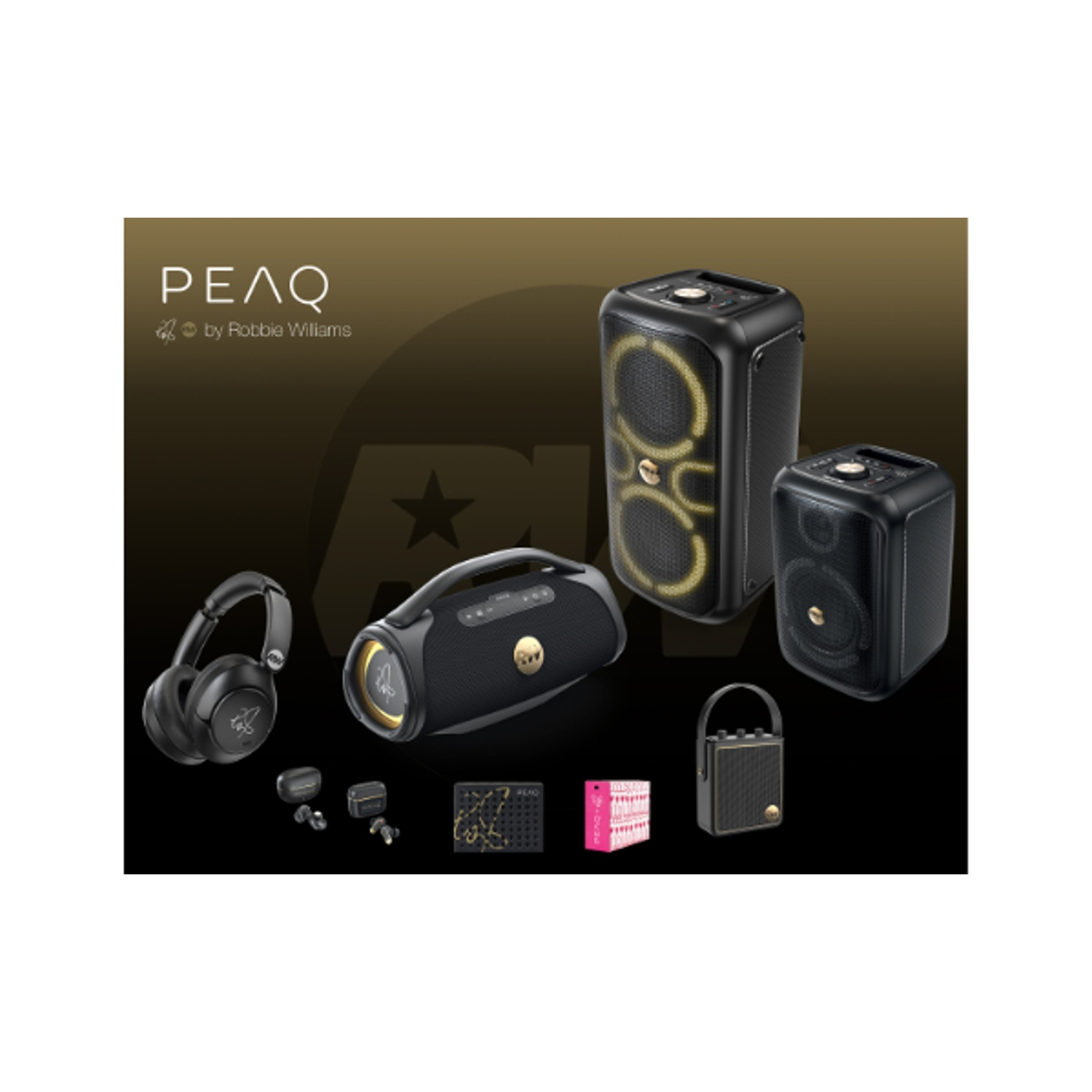 Vari dispositivi audio PEAQ by Robbie Williams su sfondo scuro.
