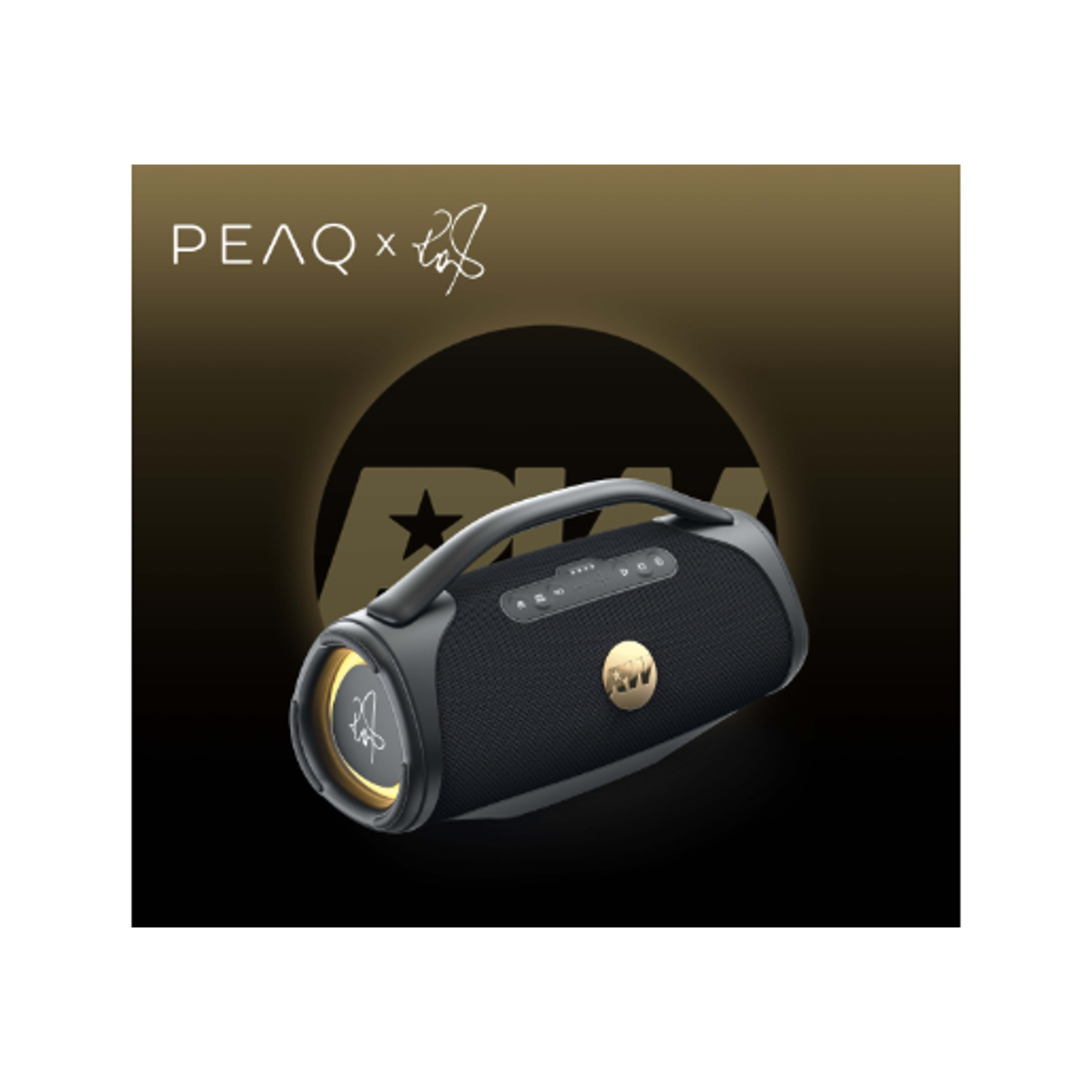 Altoparlante portatile nero con accenti dorati e manico.