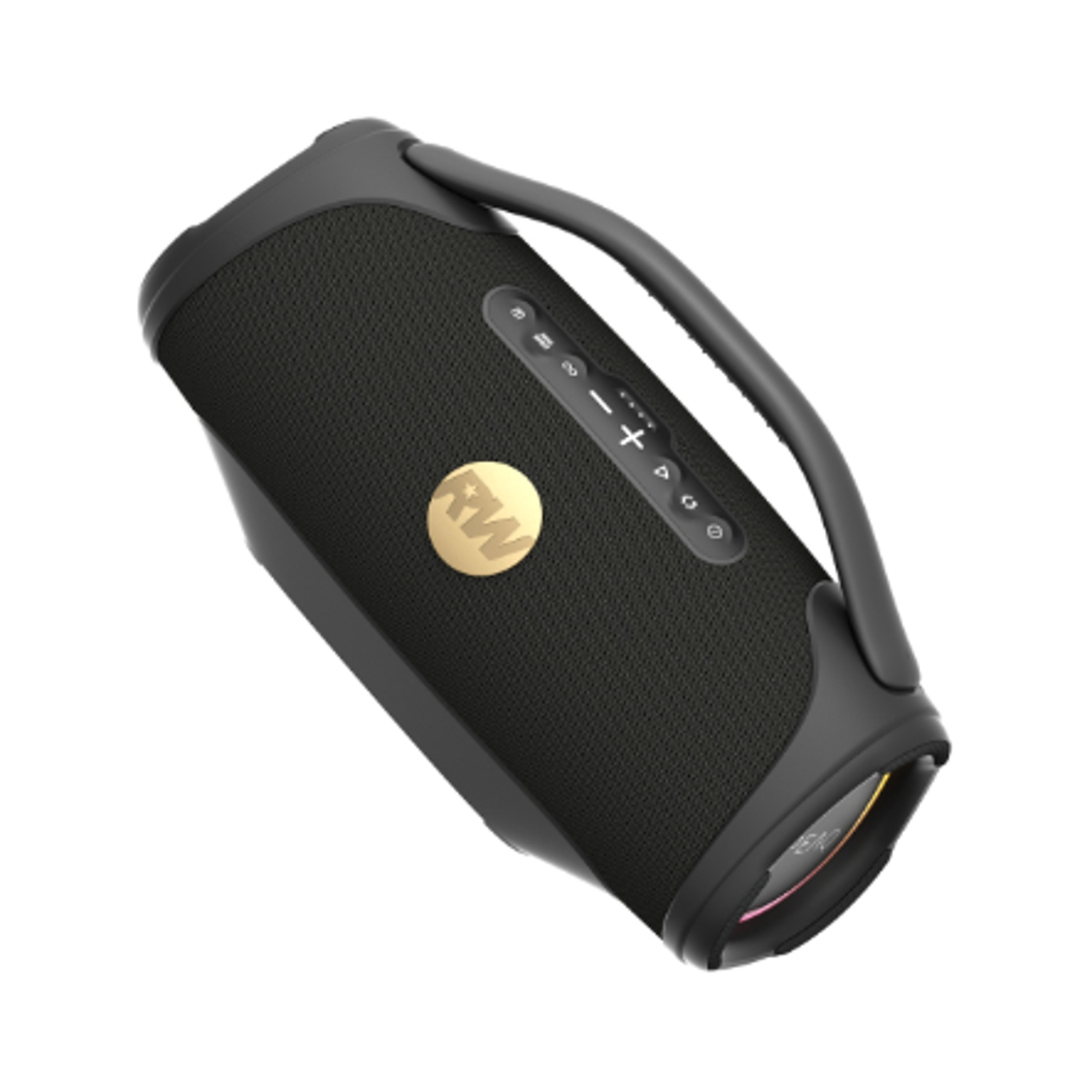 Altoparlante Bluetooth portatile nero con manico e logo dorato.