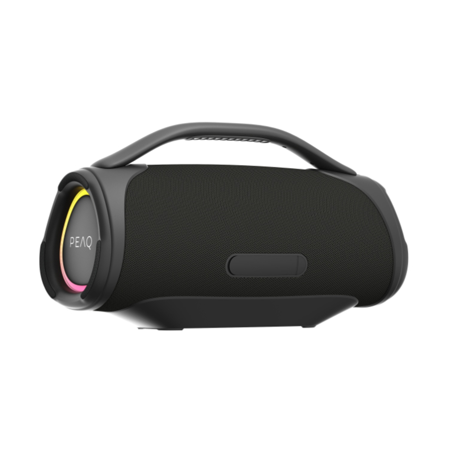Altoparlante portatile nero con manico e illuminazione a LED colorata.