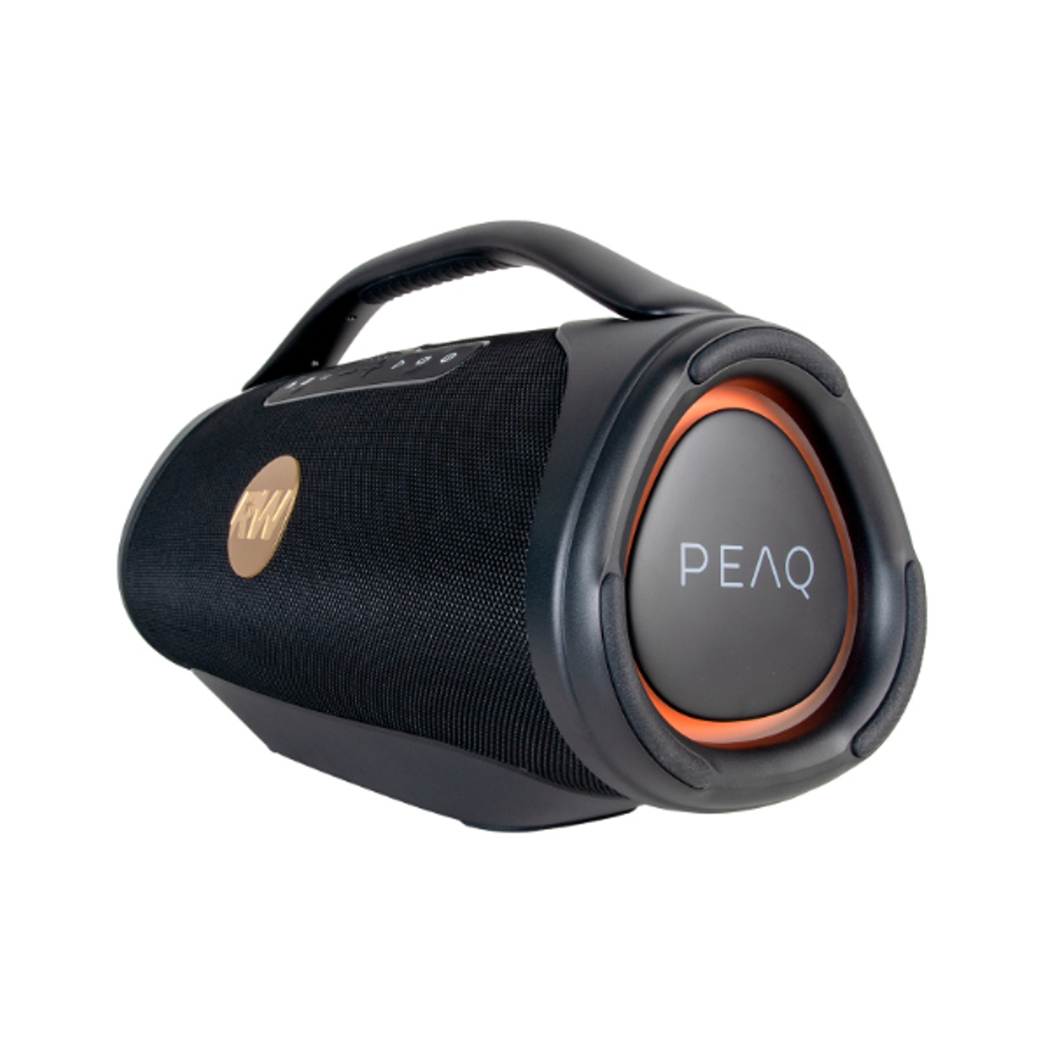 Altoparlante portatile nero con manico e dettaglio anello arancione.