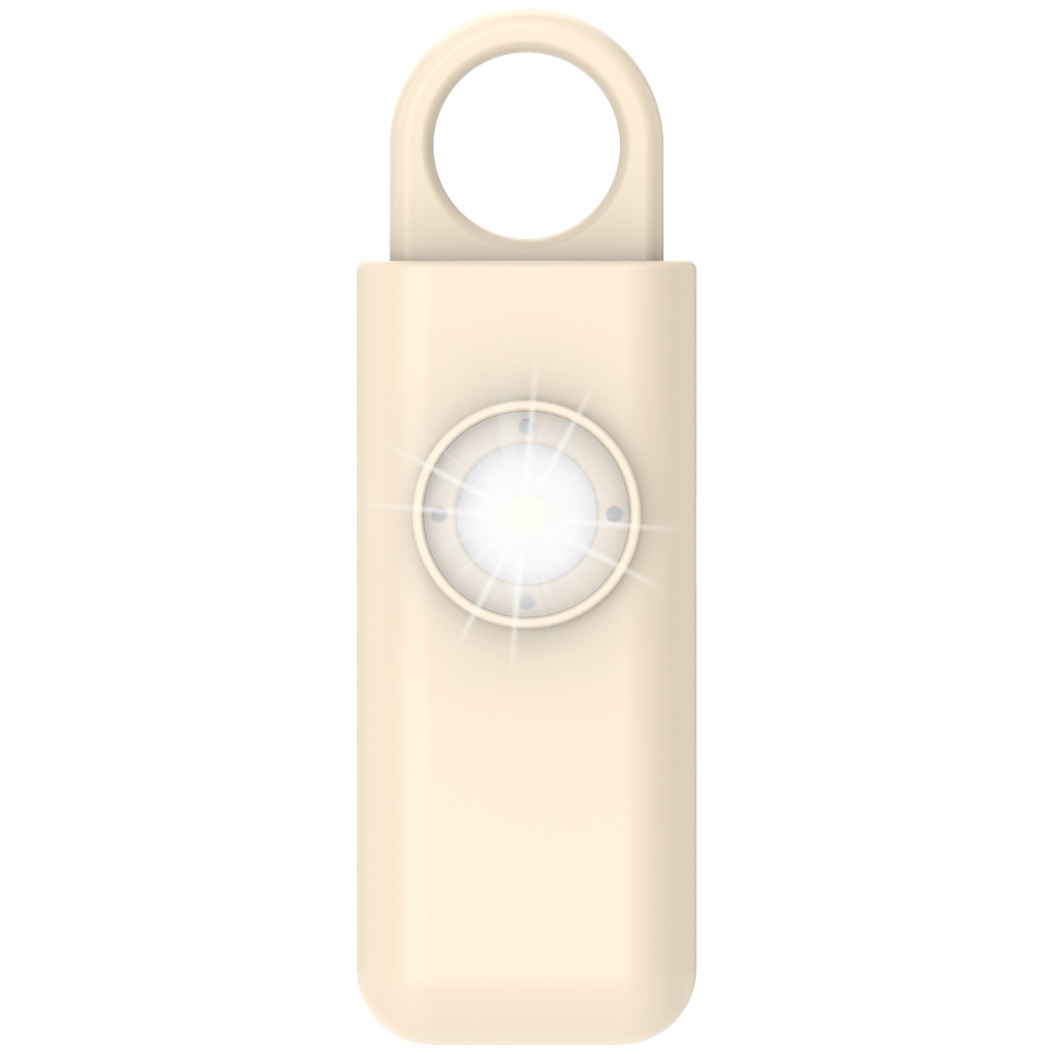Beige keychain with a bright light in the center.