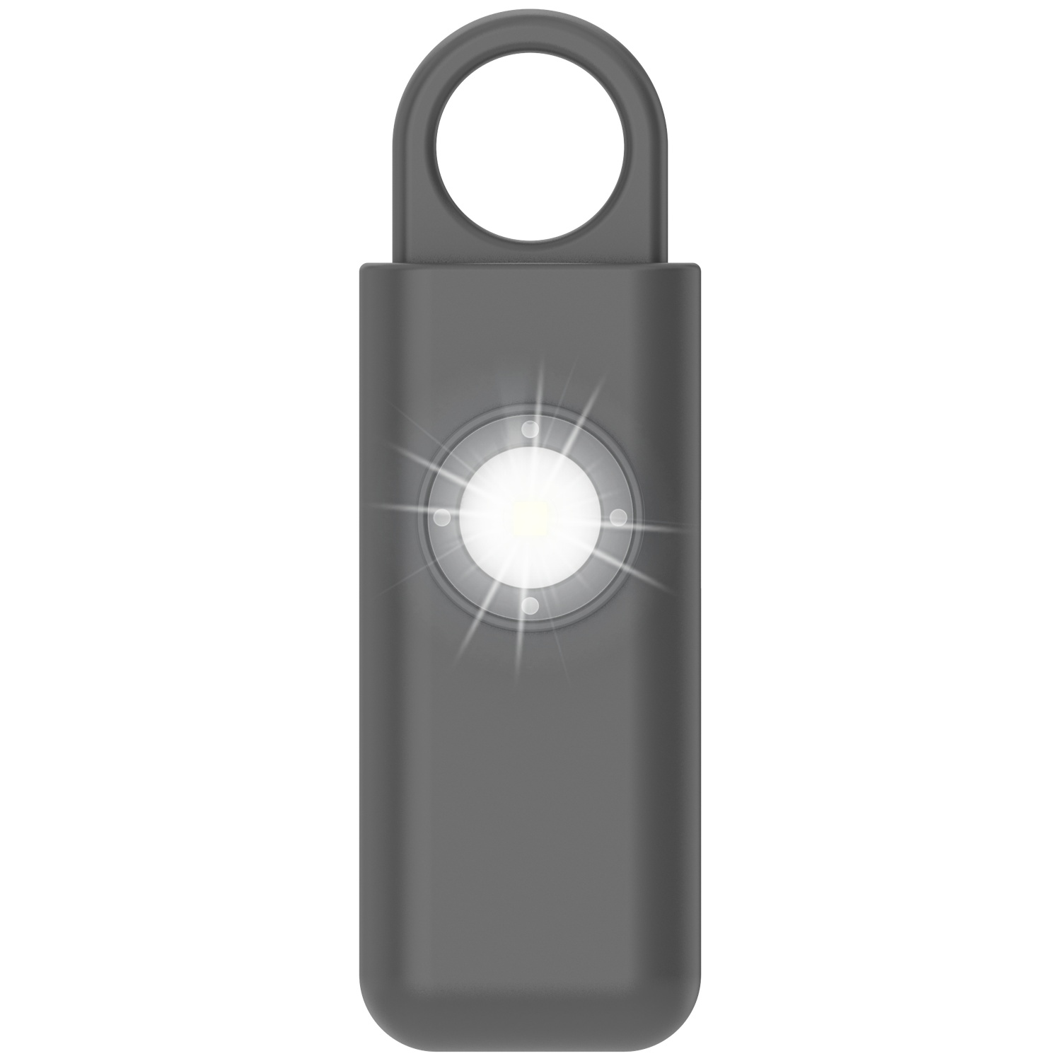 A dark, compact alarm with an integrated bright LED light.