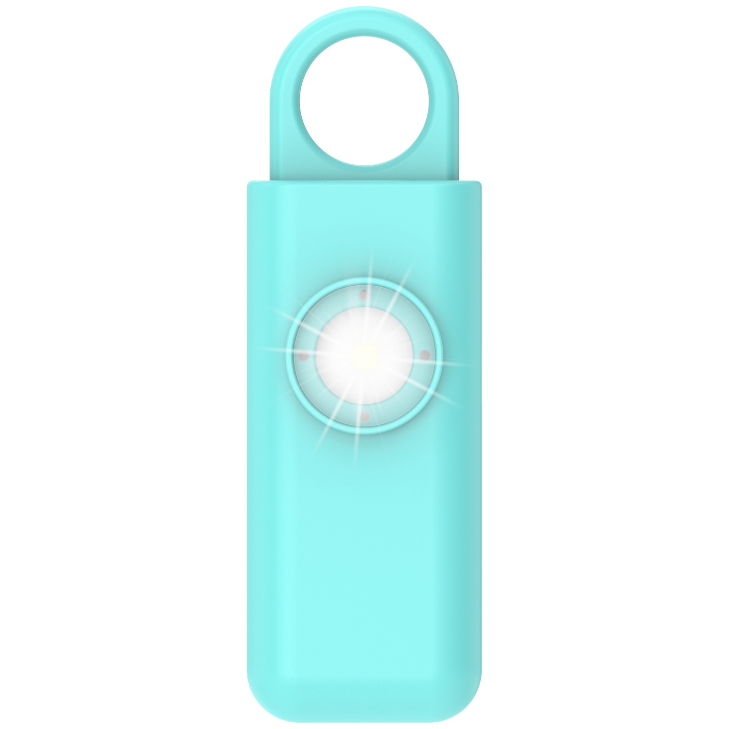 A teal-colored personal alarm with a loop and a lit center.