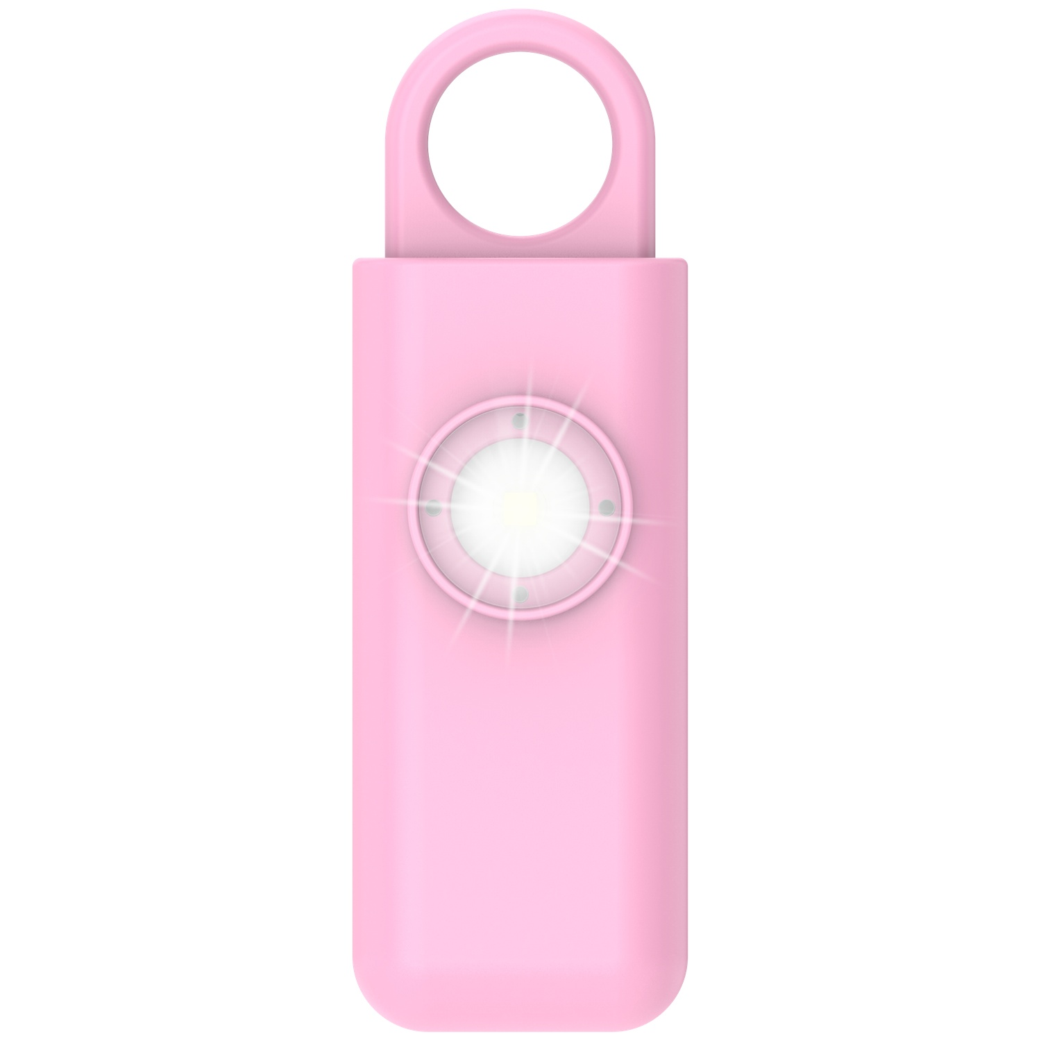 A small, pink device with a ring at the top and a light in the center.