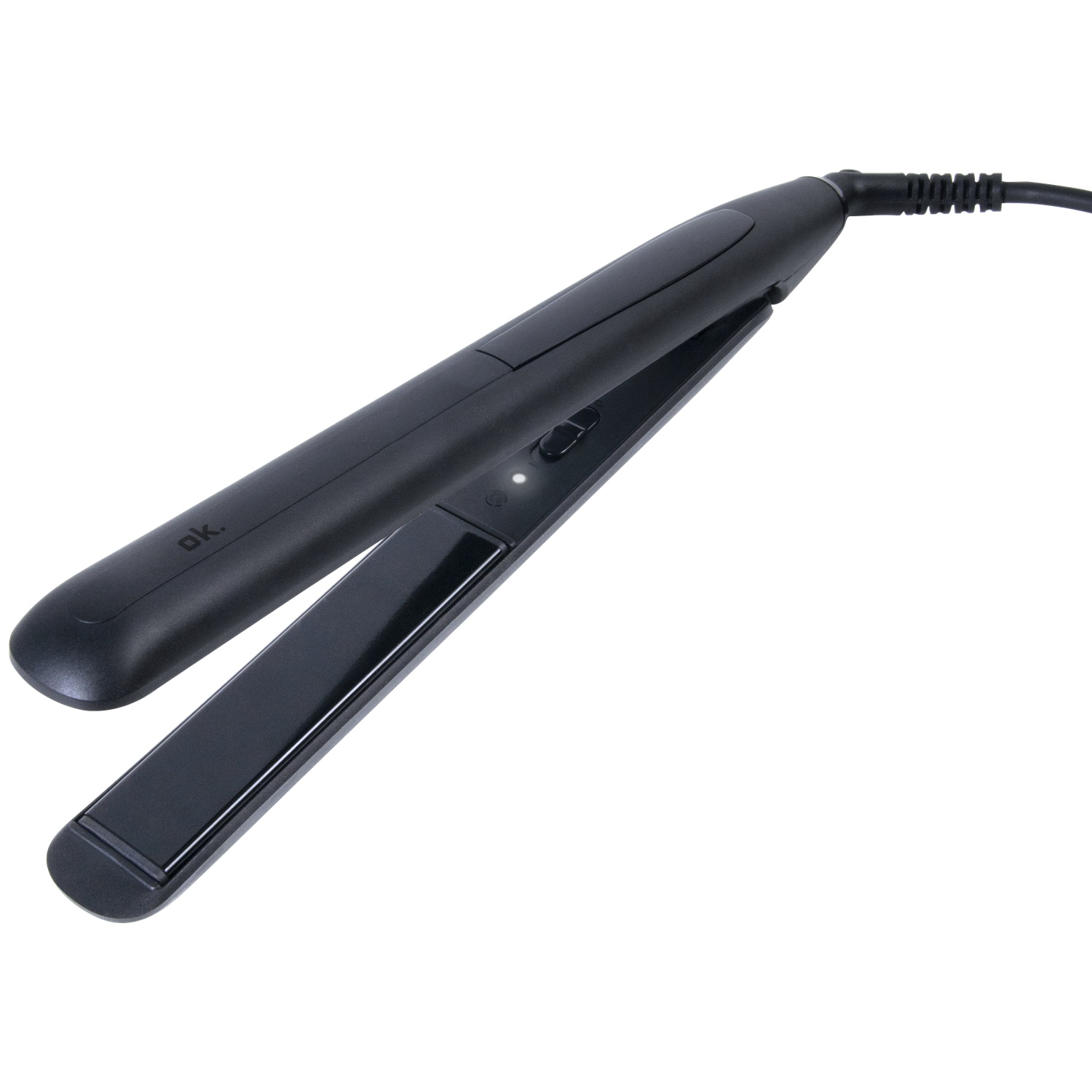 Black hair straightener with a cord on a white background.