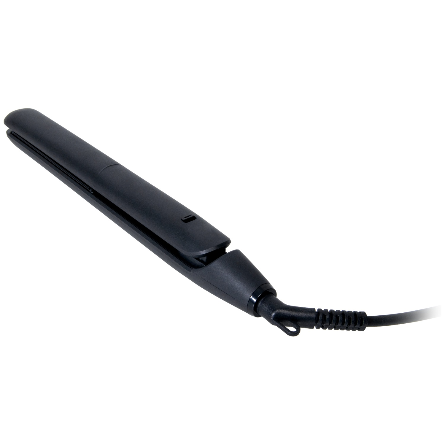 A black hair straightener with a cord on a white background.