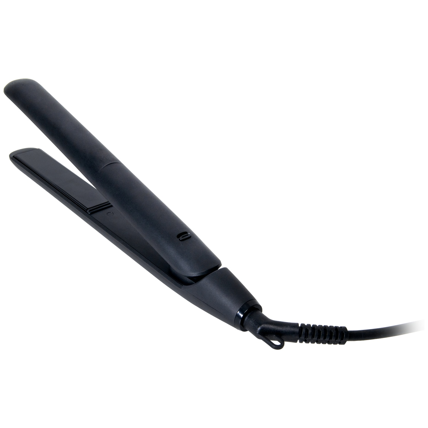 A black hair straightener with a cord on a white background.
