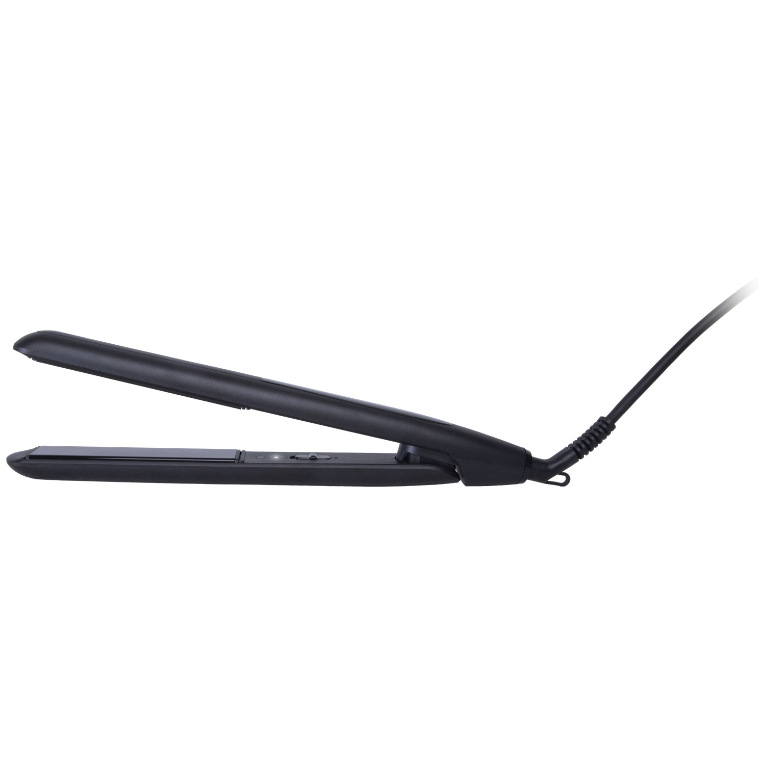 Black hair straightener with cord on a white background.